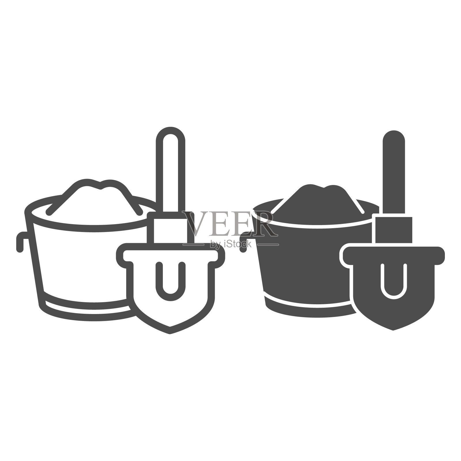 火铲和斗线和固体图标。白色背景上的应急消防安全设备轮廓式象形文字。消防标志的移动概念和网页设计。矢量图形。插画图片素材