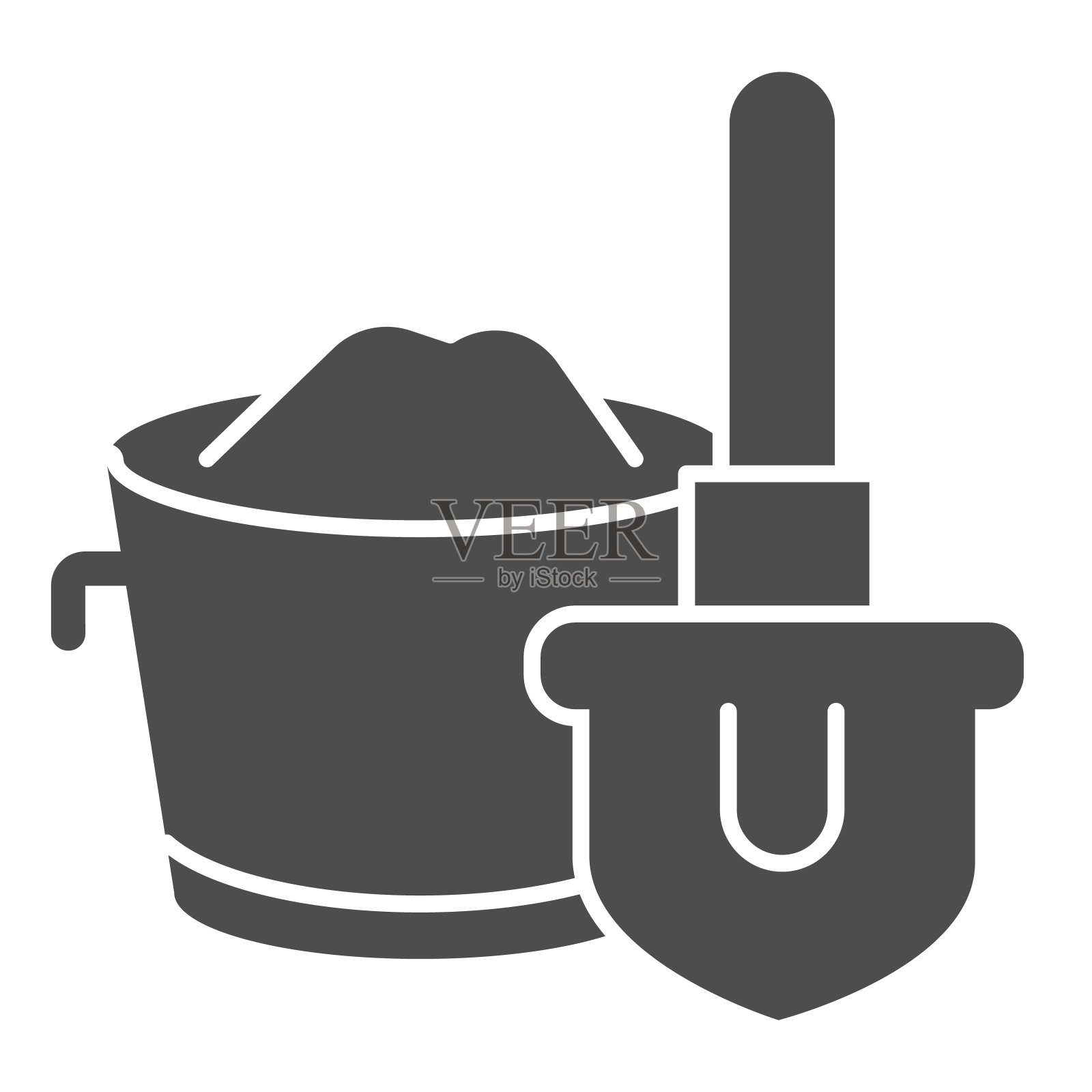 火铲和桶固体图标。白色背景上的应急消防安全设备象形文字样式象形文字。消防标志的移动概念和网页设计。矢量图形。插画图片素材