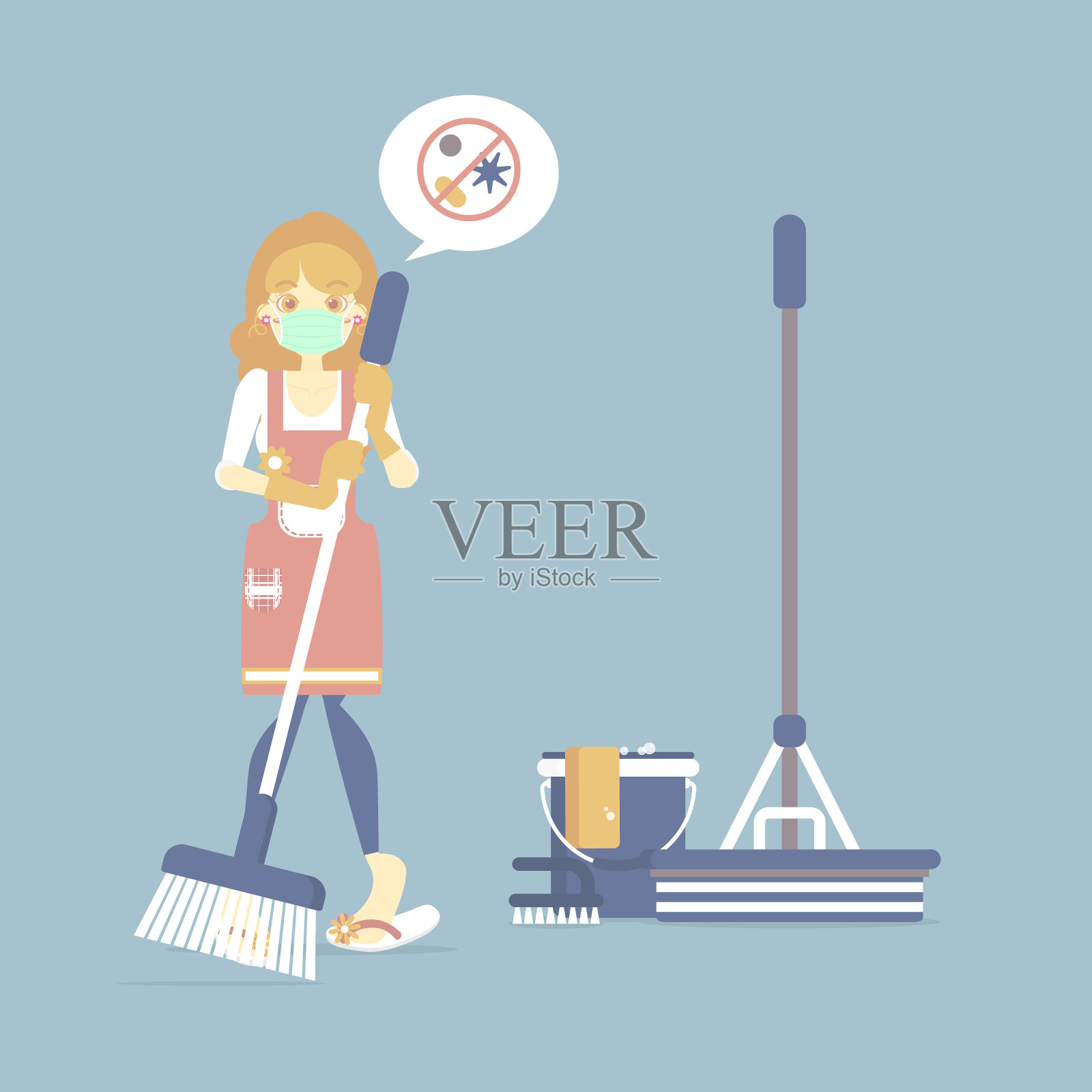 女管家，女管家戴着防护口罩拿着扫帚用拖把，水桶，杂务，细菌，清洁概念插画图片素材
