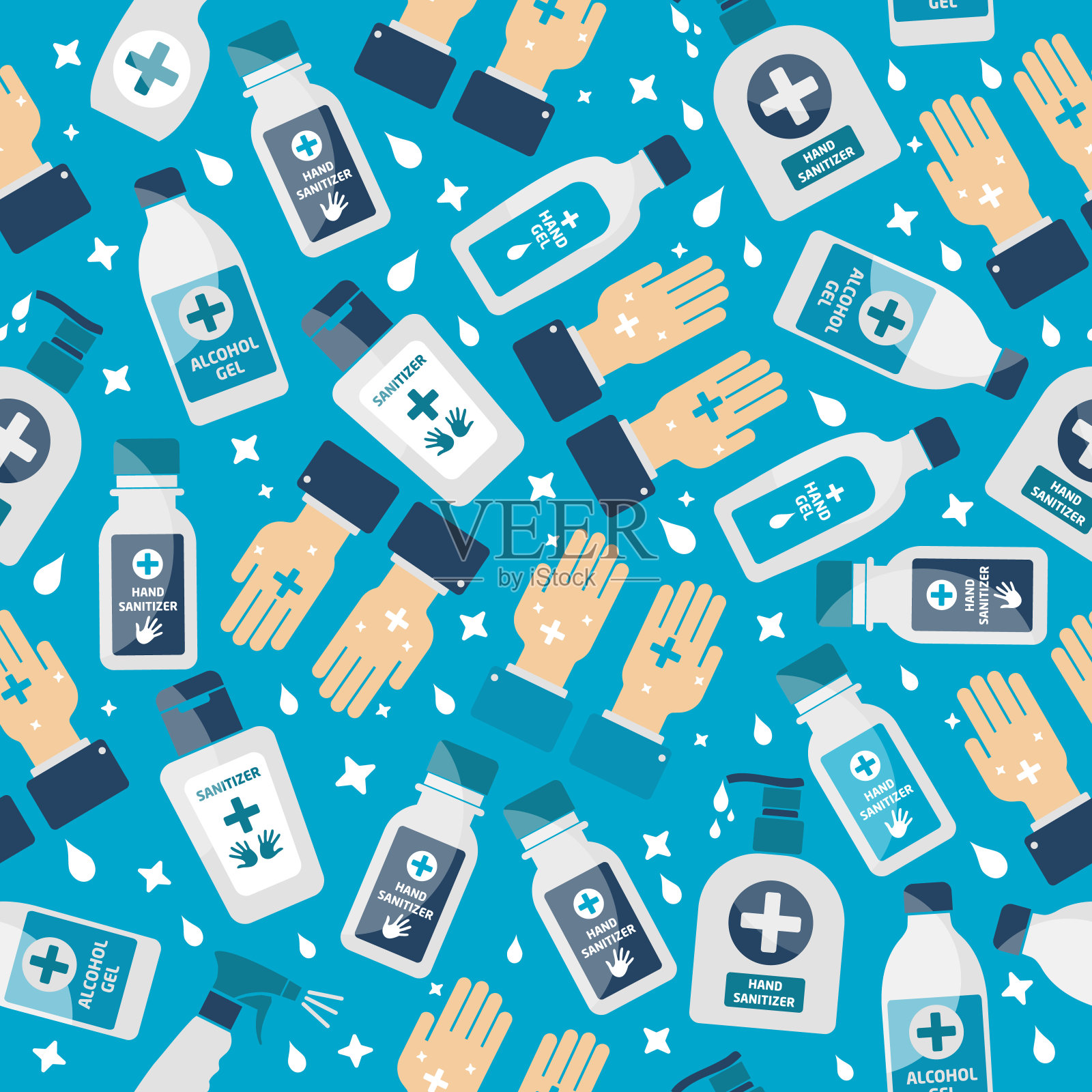 矢量手消毒剂符号，酒精瓶卫生，隔离在蓝色图标模板，医学插图。无缝模式。插画图片素材