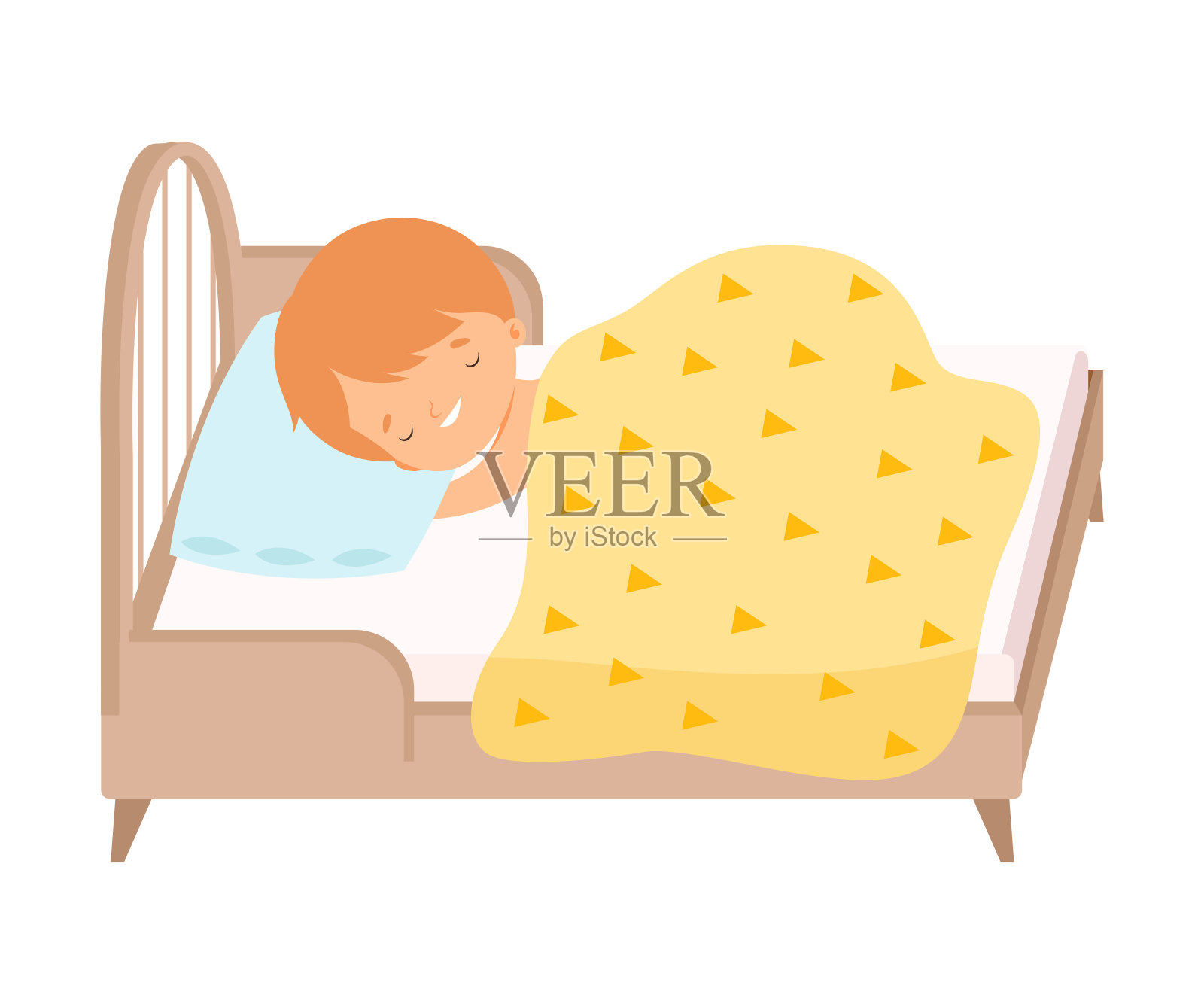 可爱的红发小男孩在他的床上甜蜜地睡觉在毯子矢量插图插画图片素材