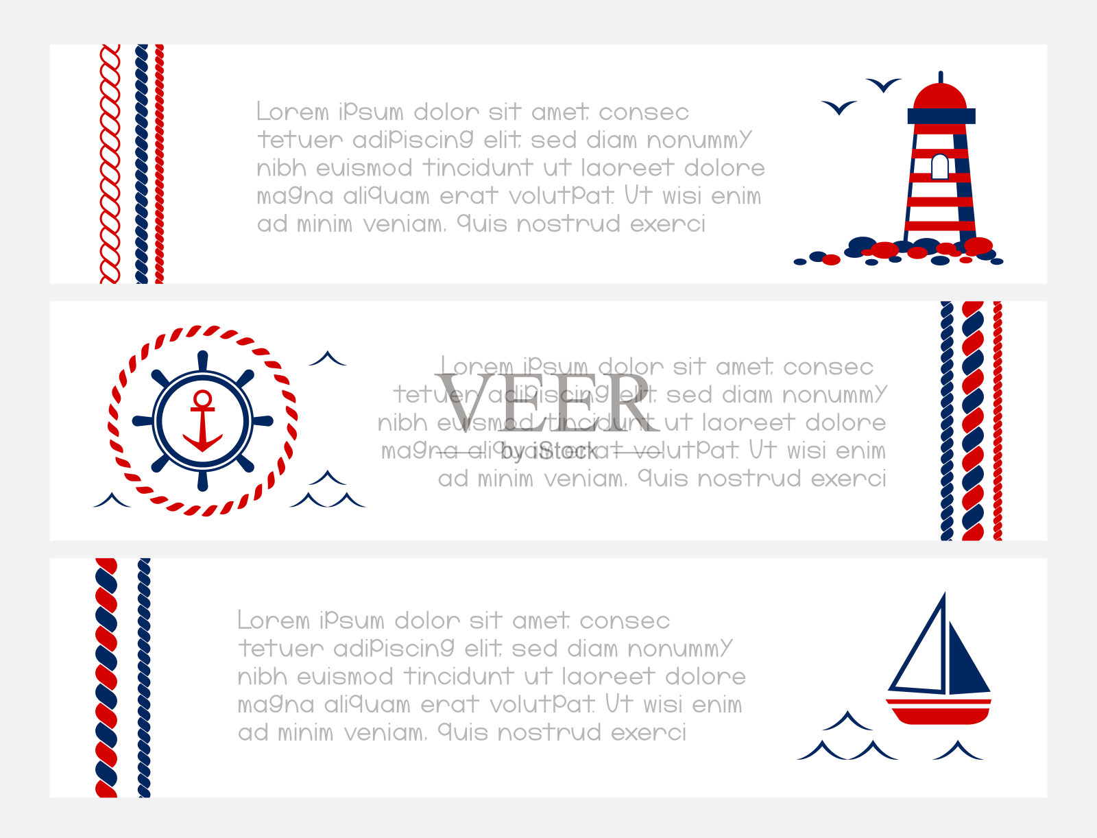 海洋卡片收集。矢量水平飞行在蓝色和红色的颜色。海洋风格的横幅。设计模板素材