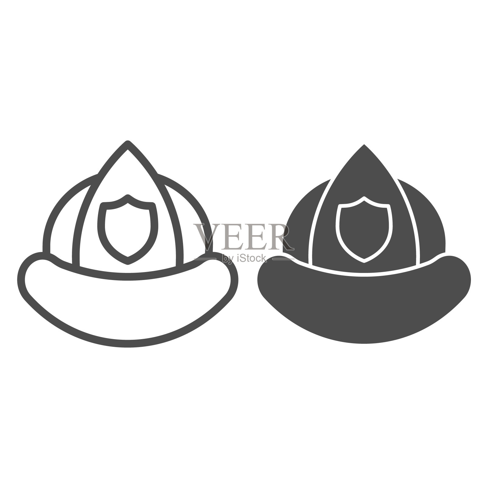 消防头盔线和固体图标。消防队员防护帽与盾徽轮廓风格的象形文字在白色的背景。消防标志的移动概念和网页设计。矢量图形。图标素材