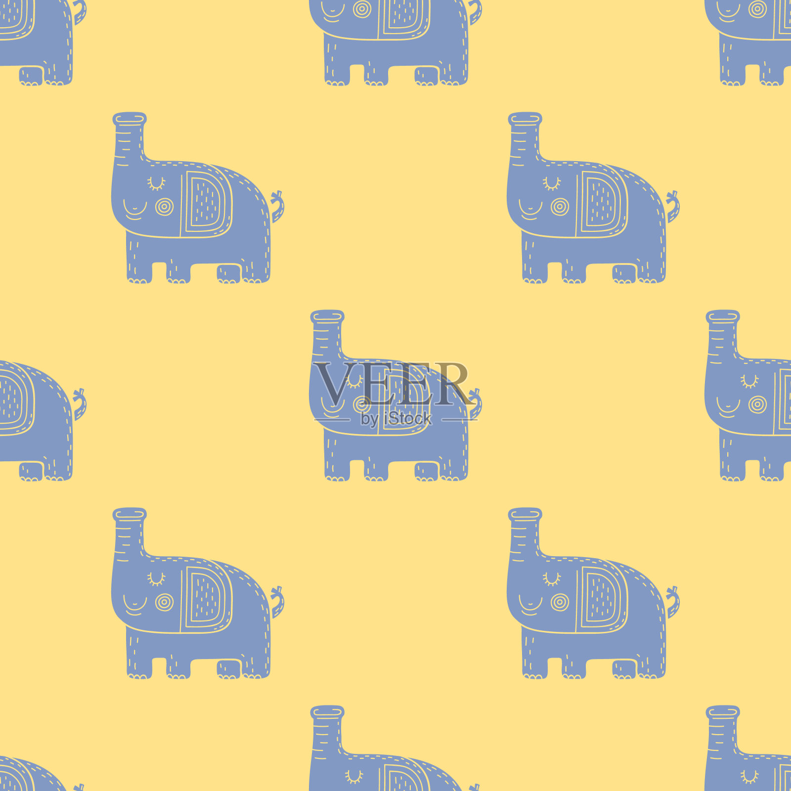 可爱的幼稚无缝矢量图案与大象。插画图片素材