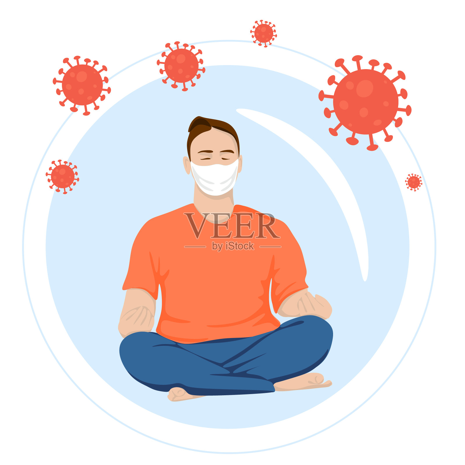 COVID-19病毒爆发。男子被隔离在家中以防止病毒传播。一个蒙面人在家里练习瑜伽。冠状病毒。网页的现代概念。卡通风格插画图片素材