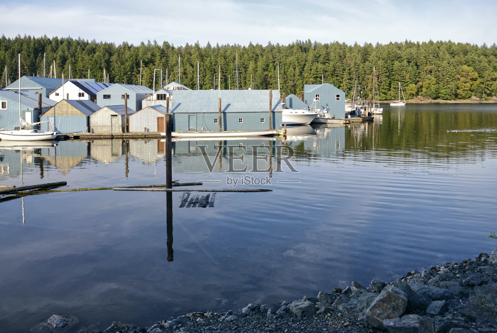 蓝色木船屋和游艇在海湾水中的倒影照片摄影图片