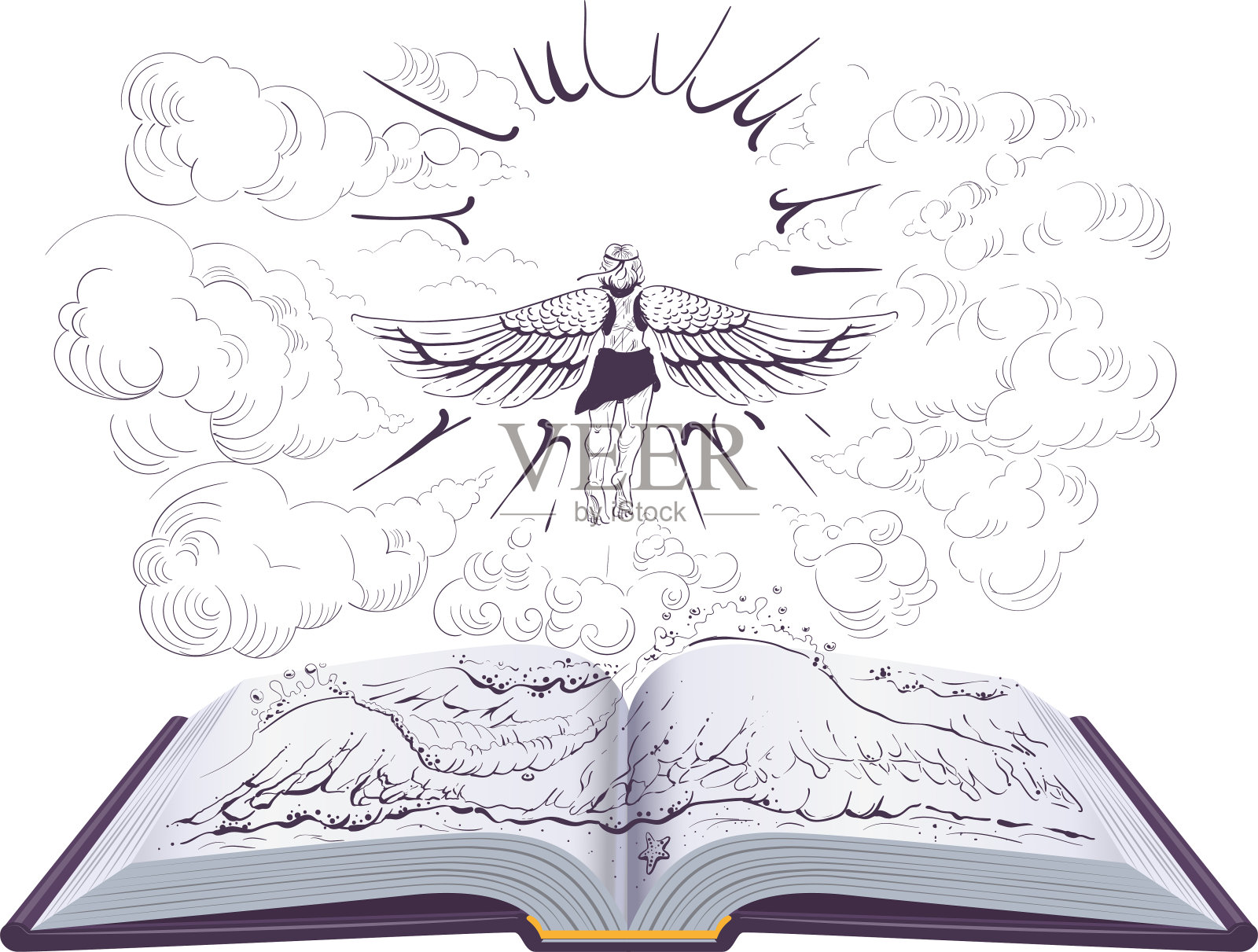 伊卡洛斯飞向太阳打开书插图古希腊传说插画图片素材