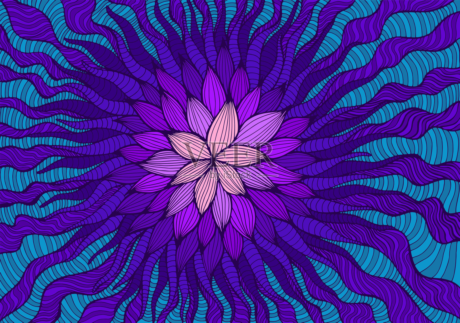 装饰抽象涂鸦彩色花朵，粉紫色蓝色。艺术时尚卡片与超现实的花。矢量手绘梦幻般的插图。插画图片素材