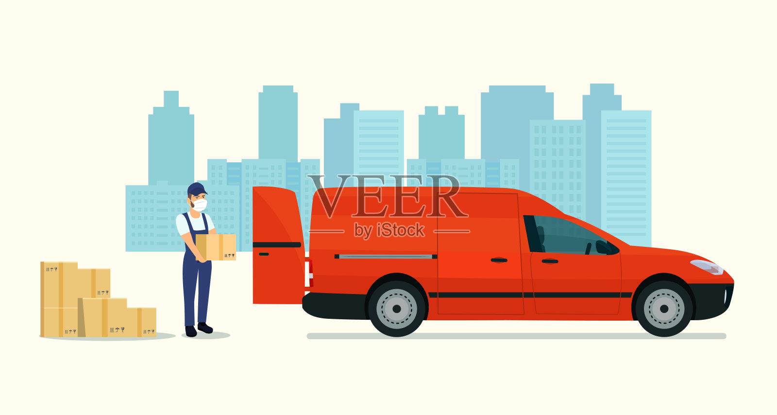 带着医用口罩和硬纸盒的快递员。辆面包车。矢量平面风格的插图。插画图片素材