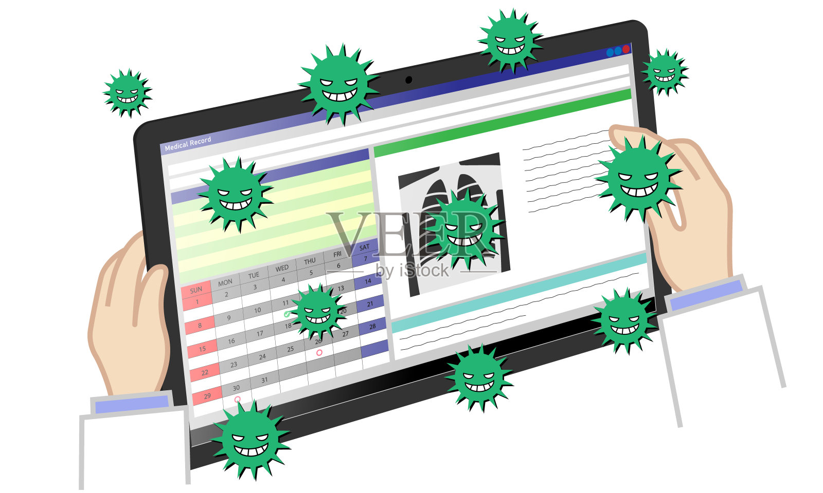 显示电子病历的平板电脑被病毒和细菌污染的说明插画图片素材