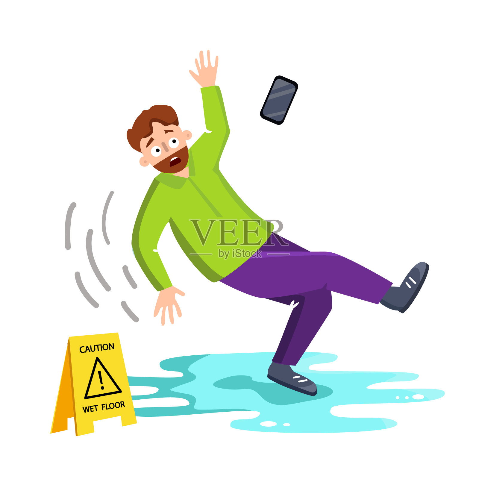 男子摔倒在潮湿的地板上，靠近警告标志向量插画图片素材