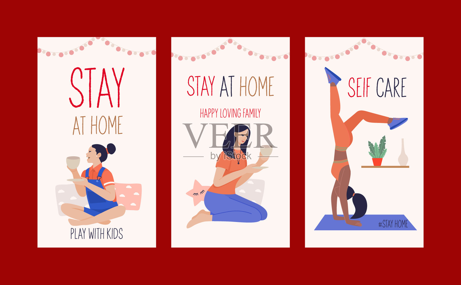 冠状病毒呆在家里。为社交媒体故事、卡片、传单、海报、横幅和其他促销活动收集墙纸。新冠肺炎疫情期间居家隔离。插画图片素材