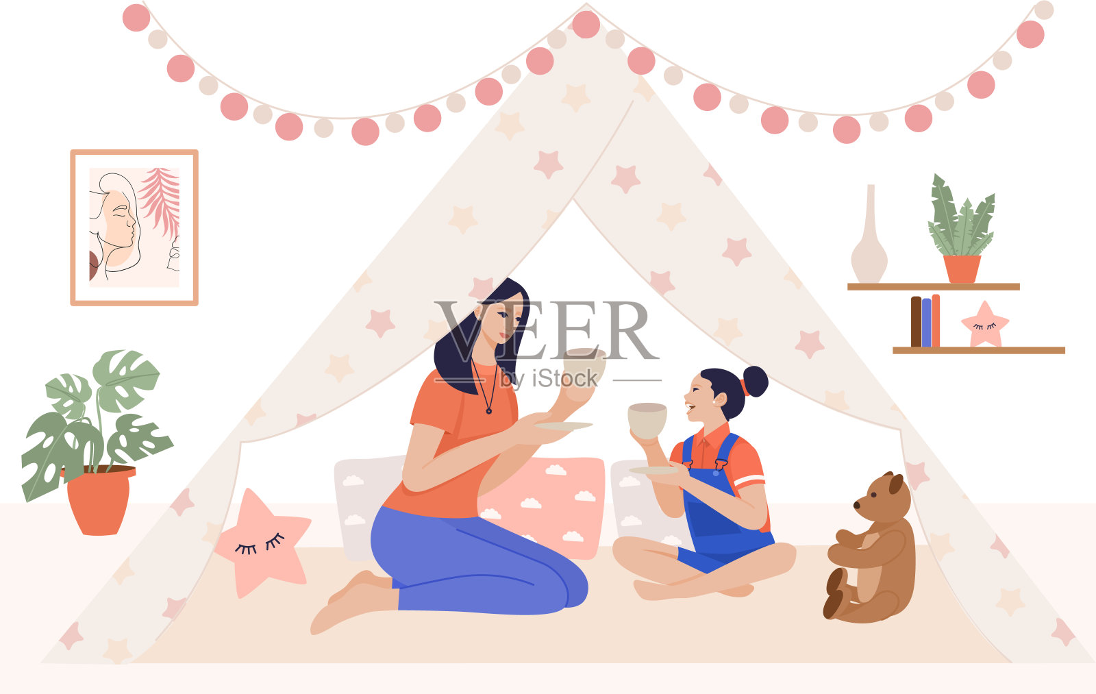 隔离、居家概念插图-幸福美满的家庭。妈妈和女儿在孩子的房间里玩。茶党。新冠肺炎疫情期间居家隔离。插画图片素材