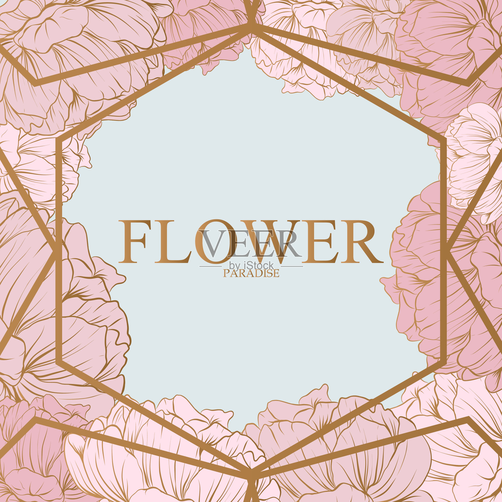 粉彩牡丹与金色抽象背景。插画图片素材