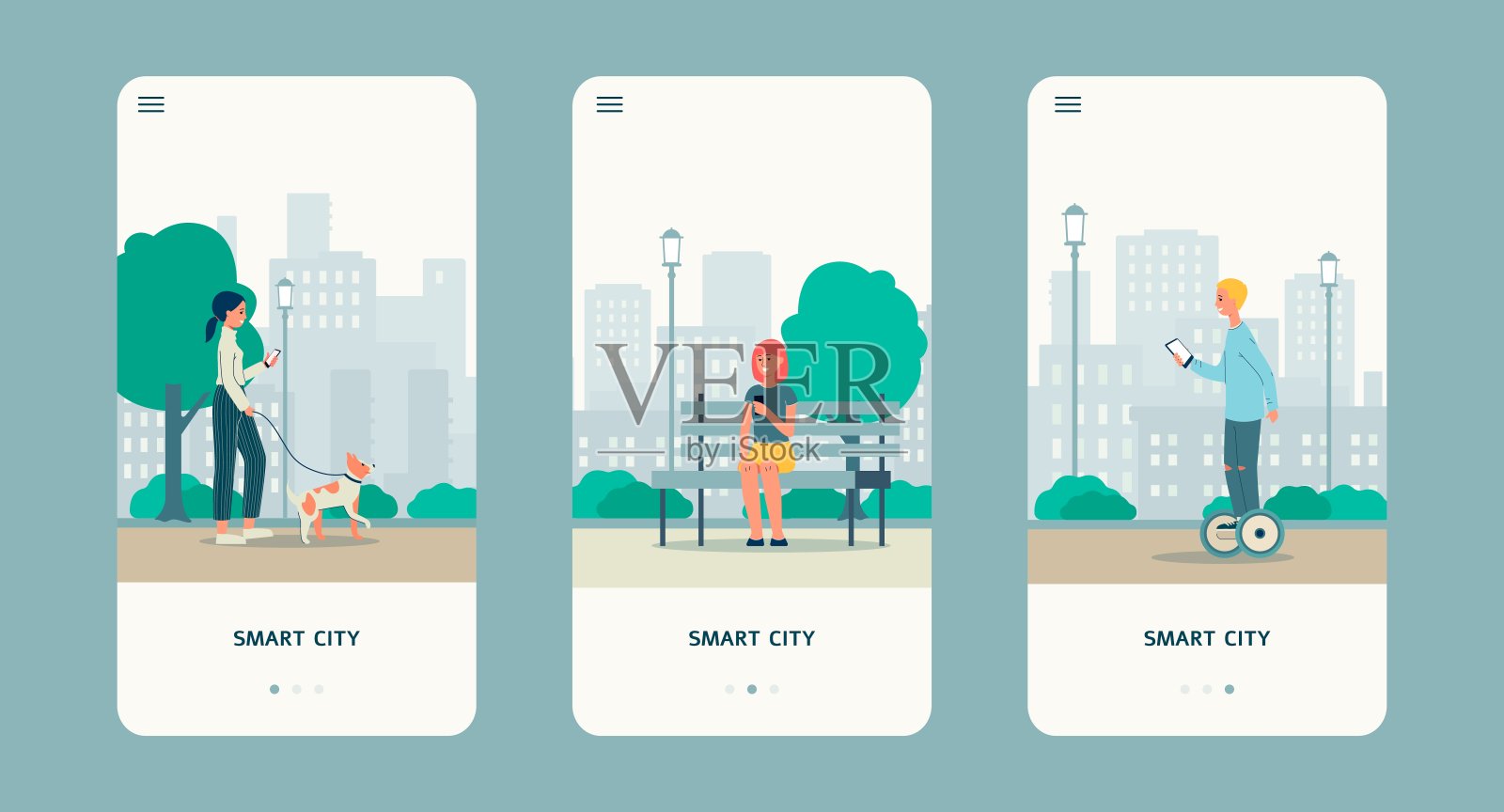 智能城市设置与人们使用手机导航，平面矢量插图。插画图片素材