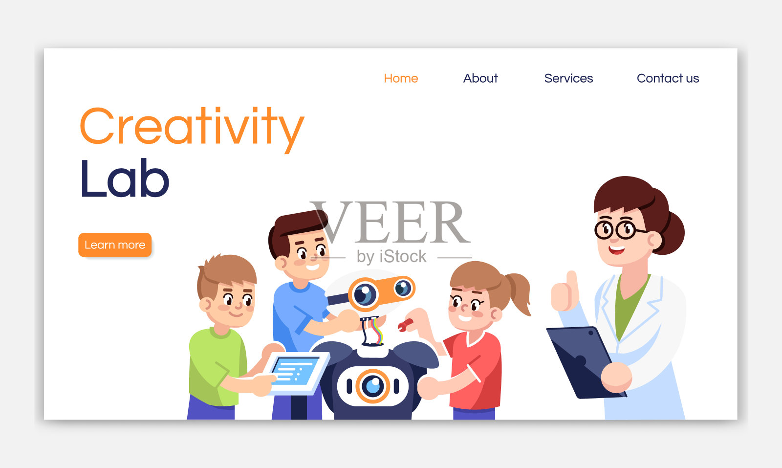 创意实验室着陆页面矢量模板。儿童机器人俱乐部网站界面与平面插图的想法。工程为儿童主页布局。网页横幅、网页卡通概念插画图片素材