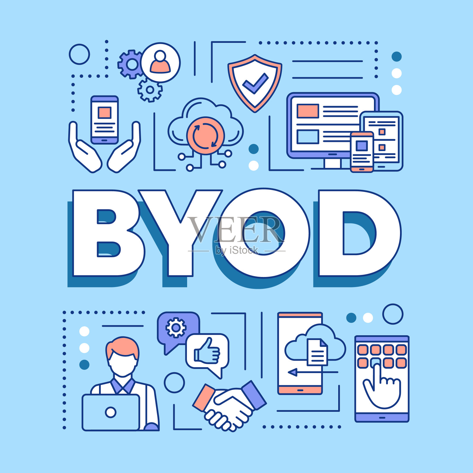 BYOD字概念横幅。自带设备。在工作场所使用个人小工具。演讲中,网站。孤立的字母排版与线性图标的想法。向量大纲说明插画图片素材