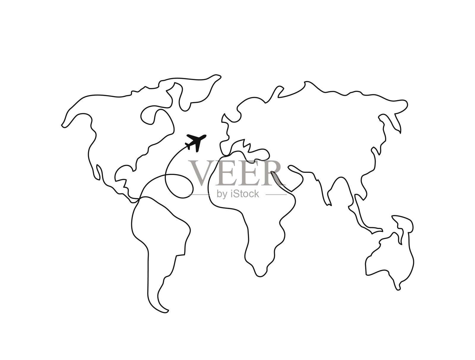 世界地图线条艺术。连续的线条画。飞机。旅行插画图片素材