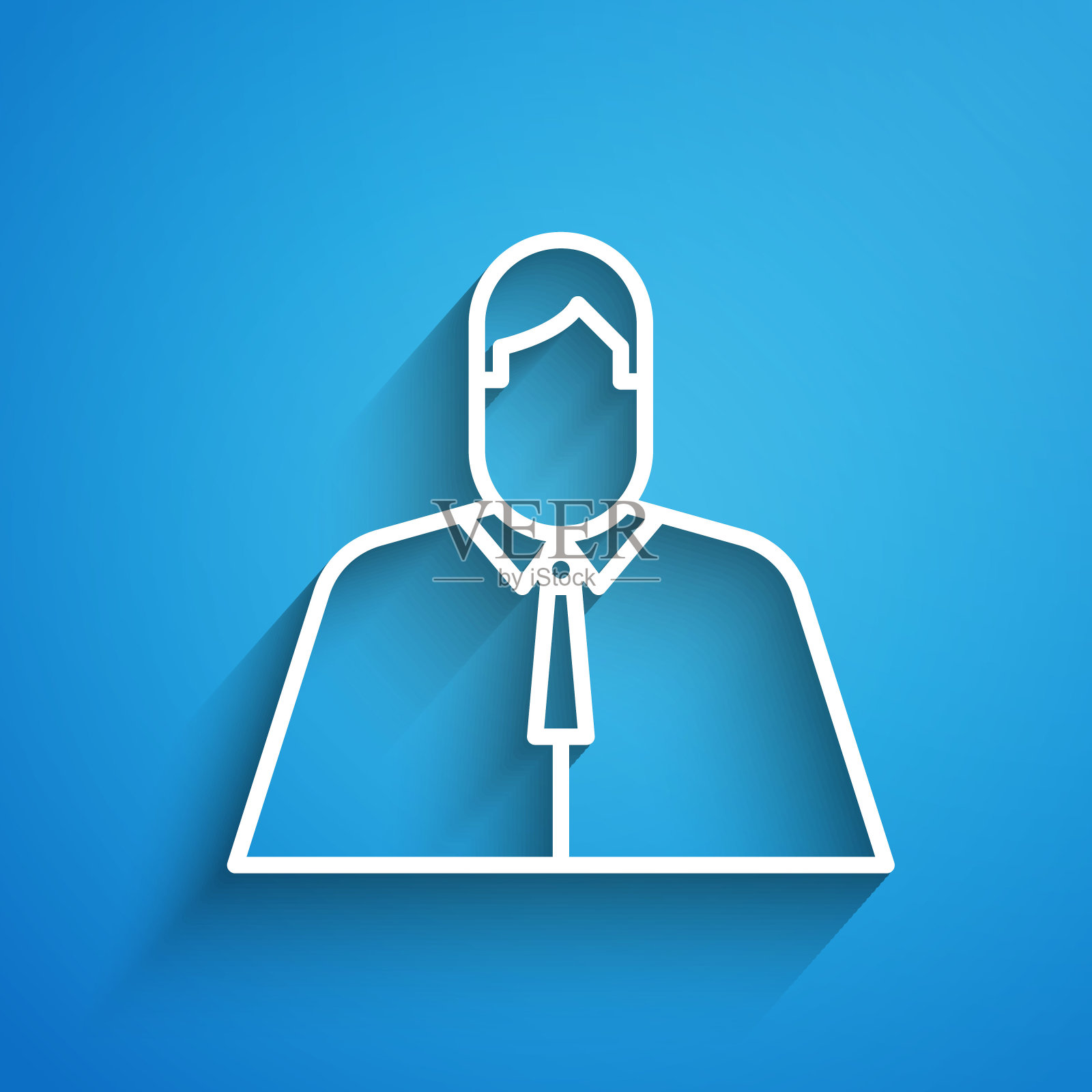 白线律师，律师，法学家偶像孤立在蓝色背景上。法理学，法律或法庭标志长长的阴影。矢量图插画图片素材