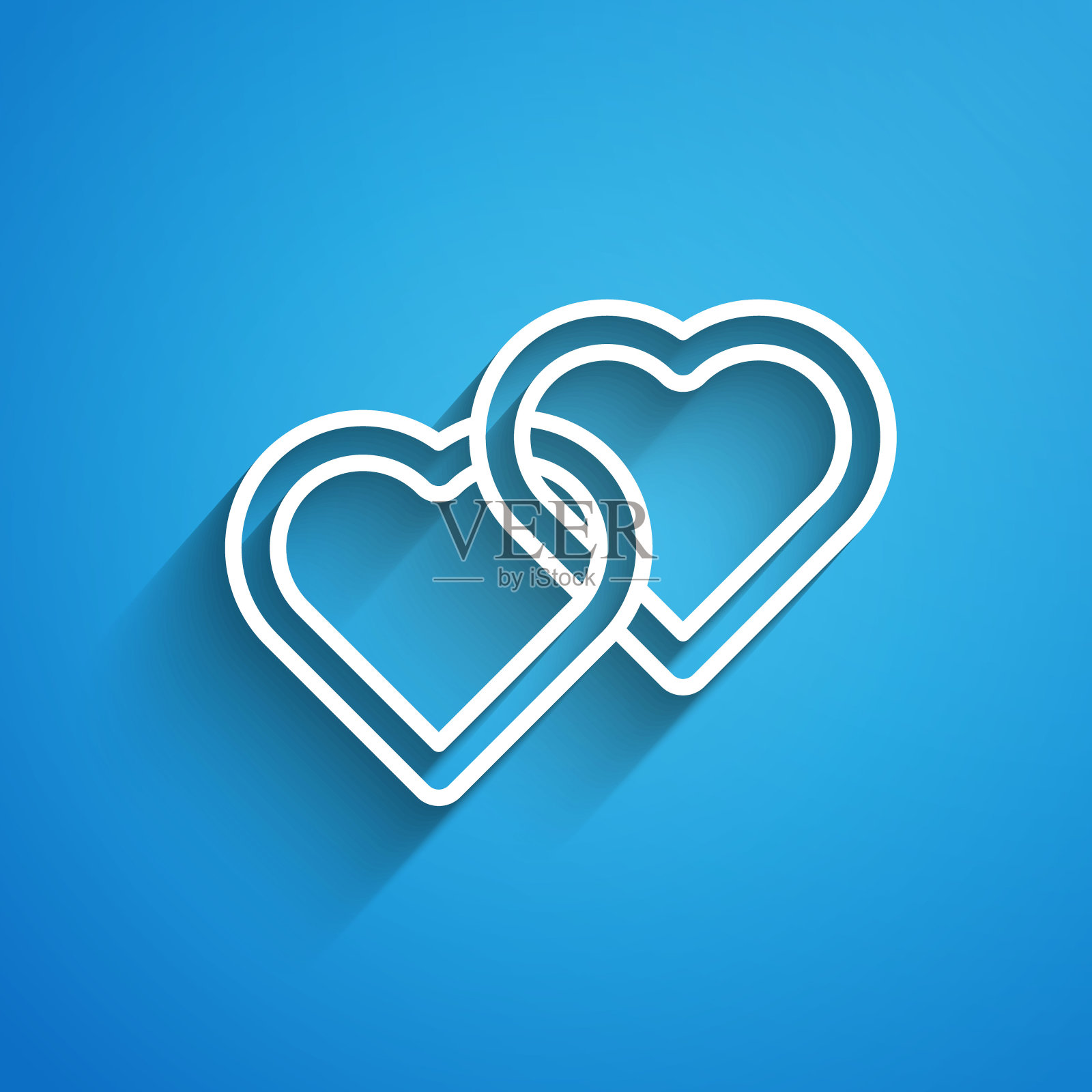 白色线两个相连的心图标孤立在蓝色背景上。浪漫象征着联系、结合、激情和婚礼。快乐的女人。长长的阴影。矢量图插画图片素材