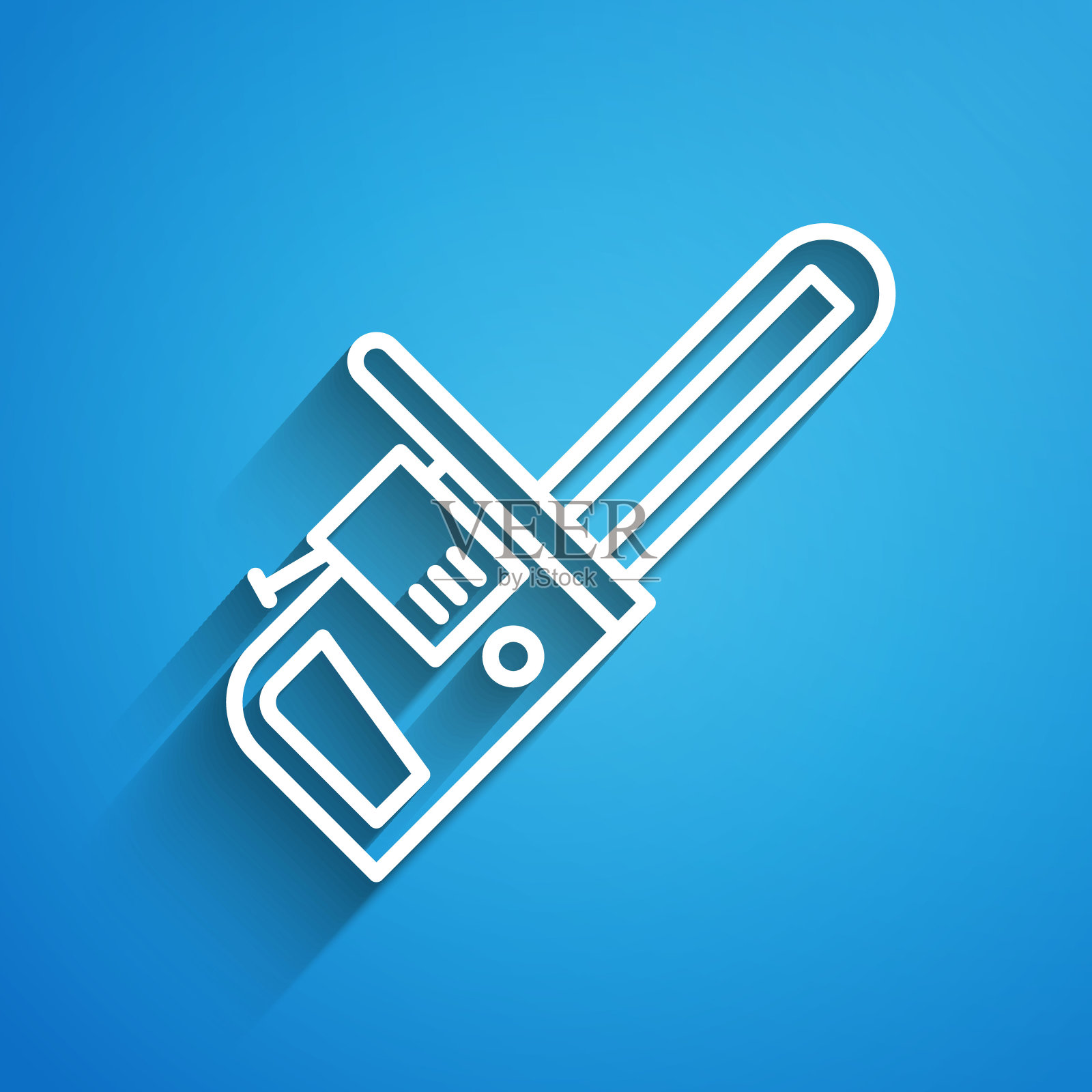 白色线链锯图标孤立在蓝色背景。长长的阴影。矢量图图标素材