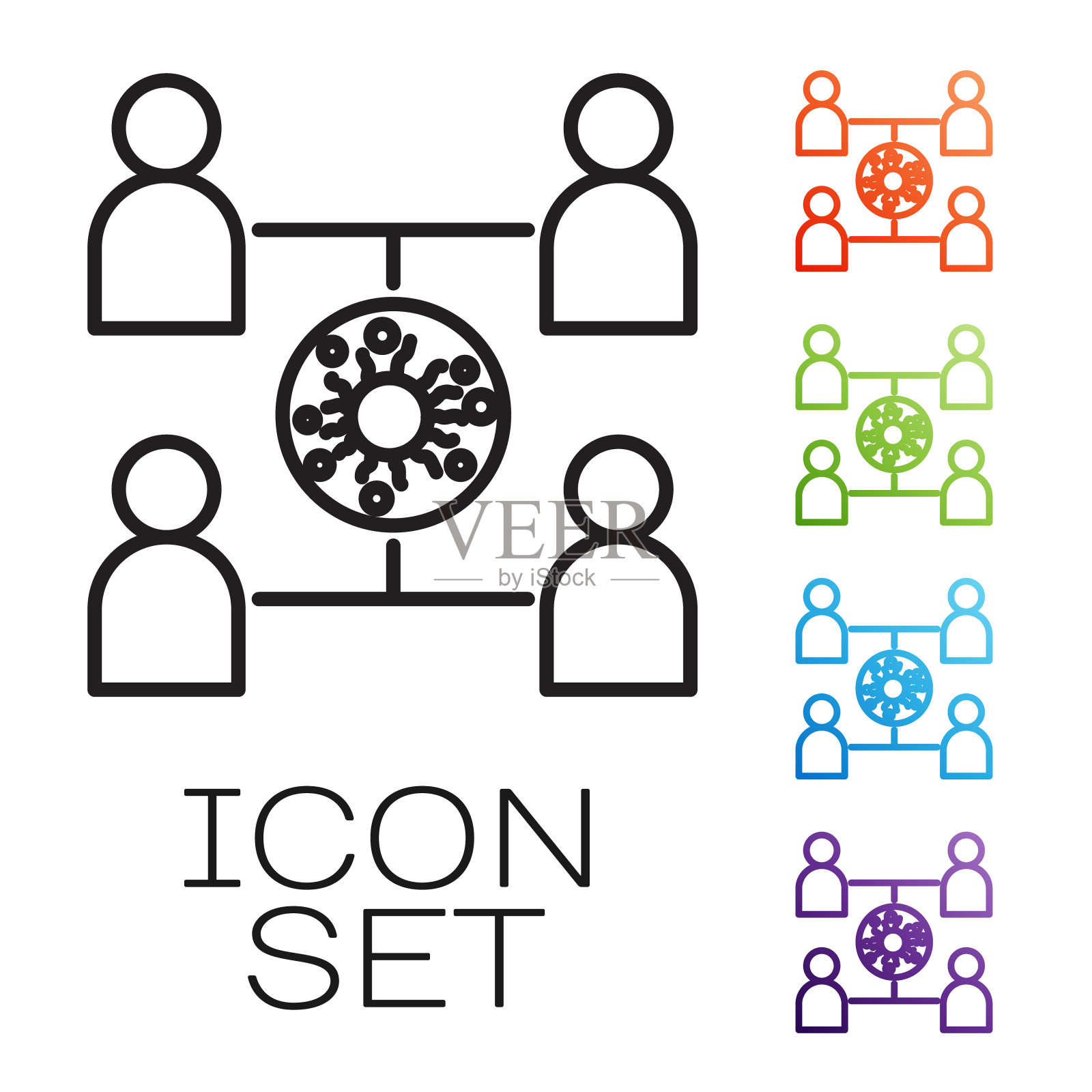 黑线病毒传播图标隔离在白色背景上。冠状病毒感染信息图。设置图标丰富多彩。矢量图图标素材