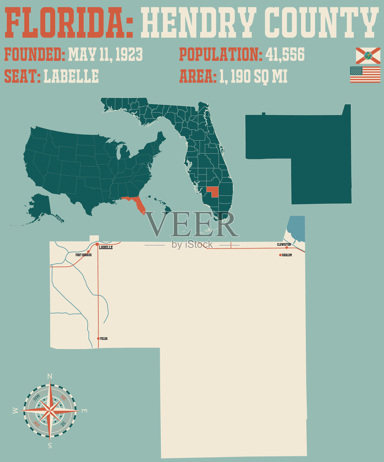 佛罗里达亨德利县地图插画图片素材