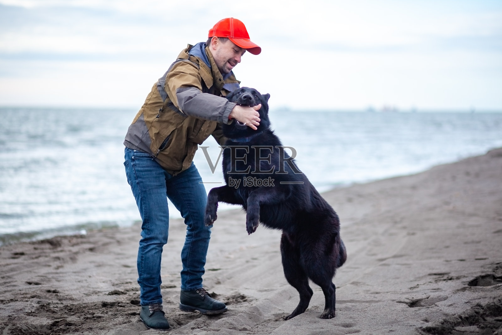 德国牧羊犬和它的主人沿着黑海海岸散步，波蒂照片摄影图片