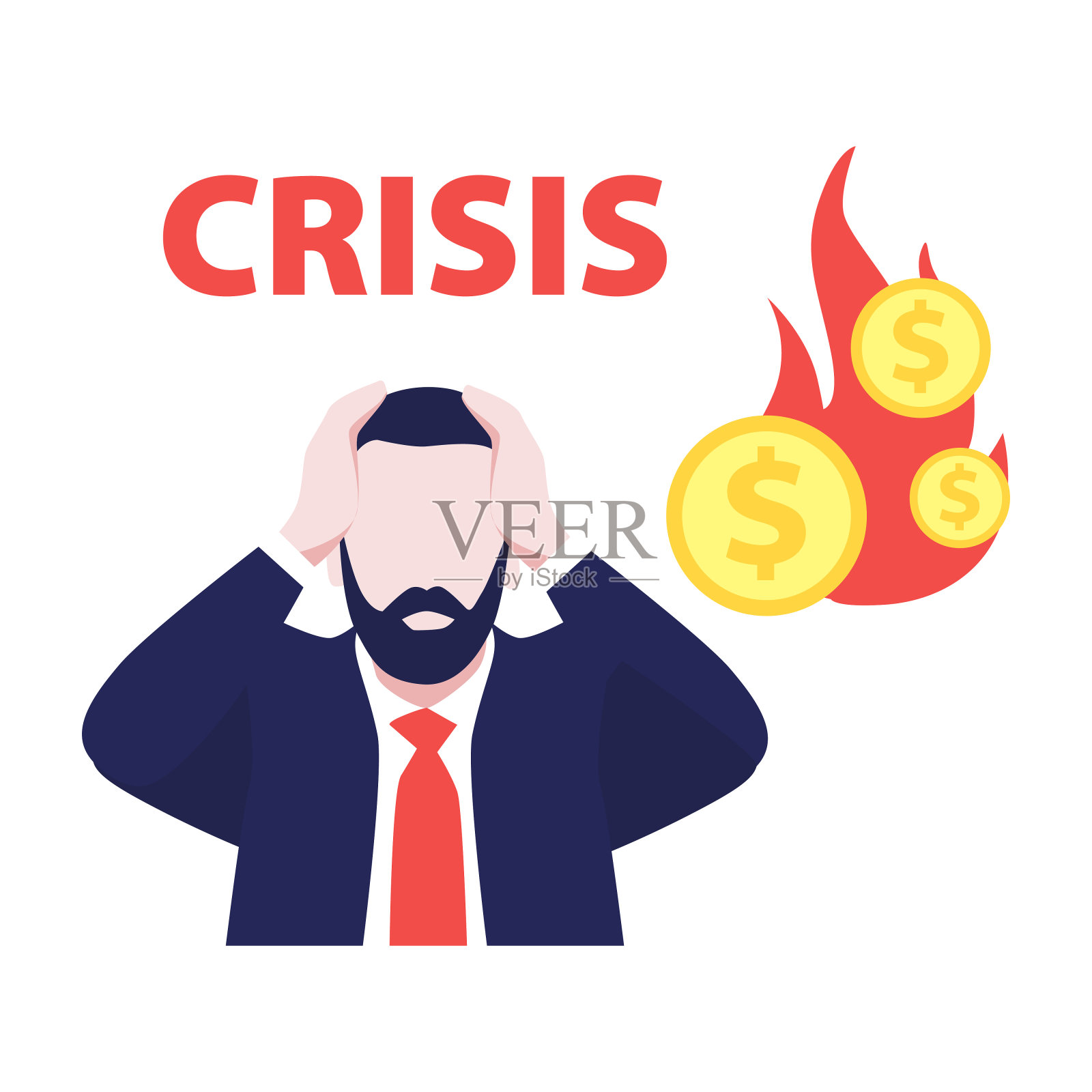 矢量插图的男人与胡子西装在恐慌与金钱字危机和金钱在火。经济危机。插画图片素材
