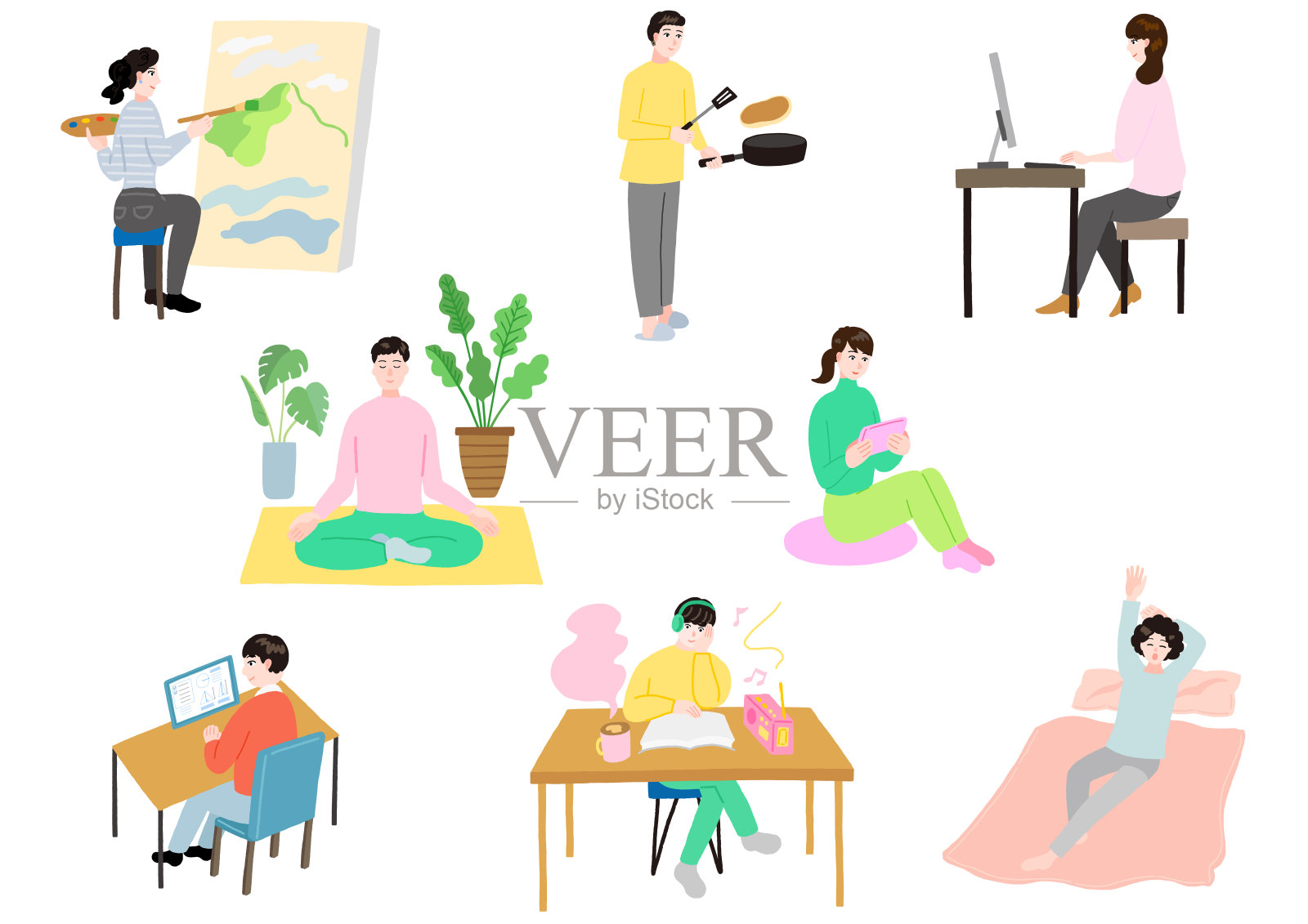 呆在家里。人们在家里，瑜伽，学习，午睡时间，烹饪，绘画艺术，工作，玩游戏，读书和听音乐设计元素图片