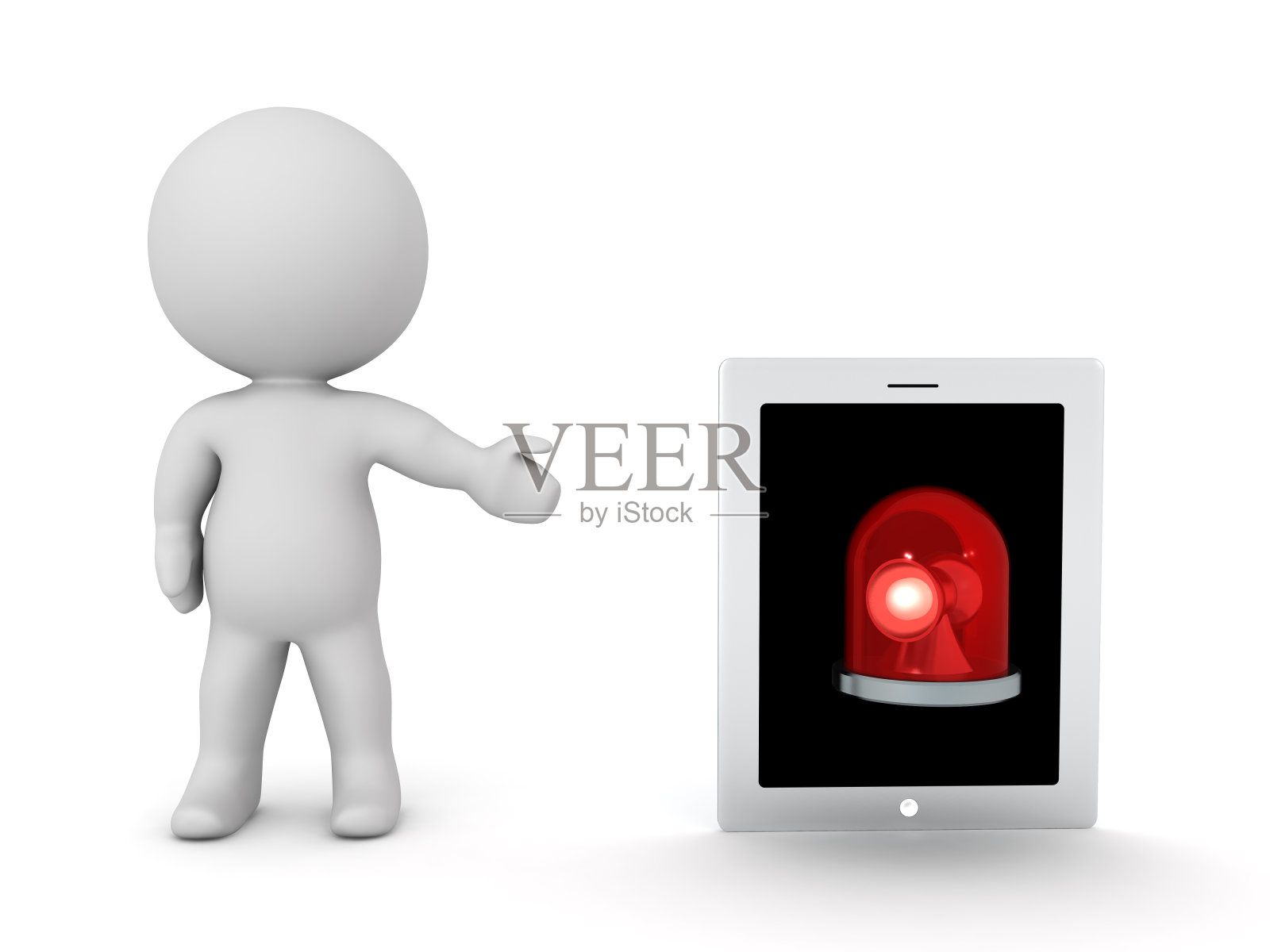 展示带有紧急照明灯平板电脑的3D角色照片摄影图片