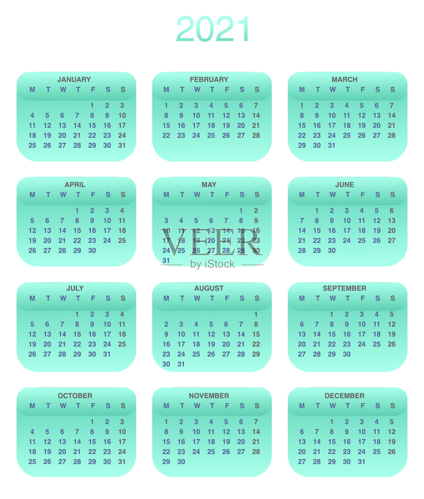 设计日历2021年在时尚多彩的风格。文具计划模板。矢量插图。下周一开始。一套12个月。设计模板素材