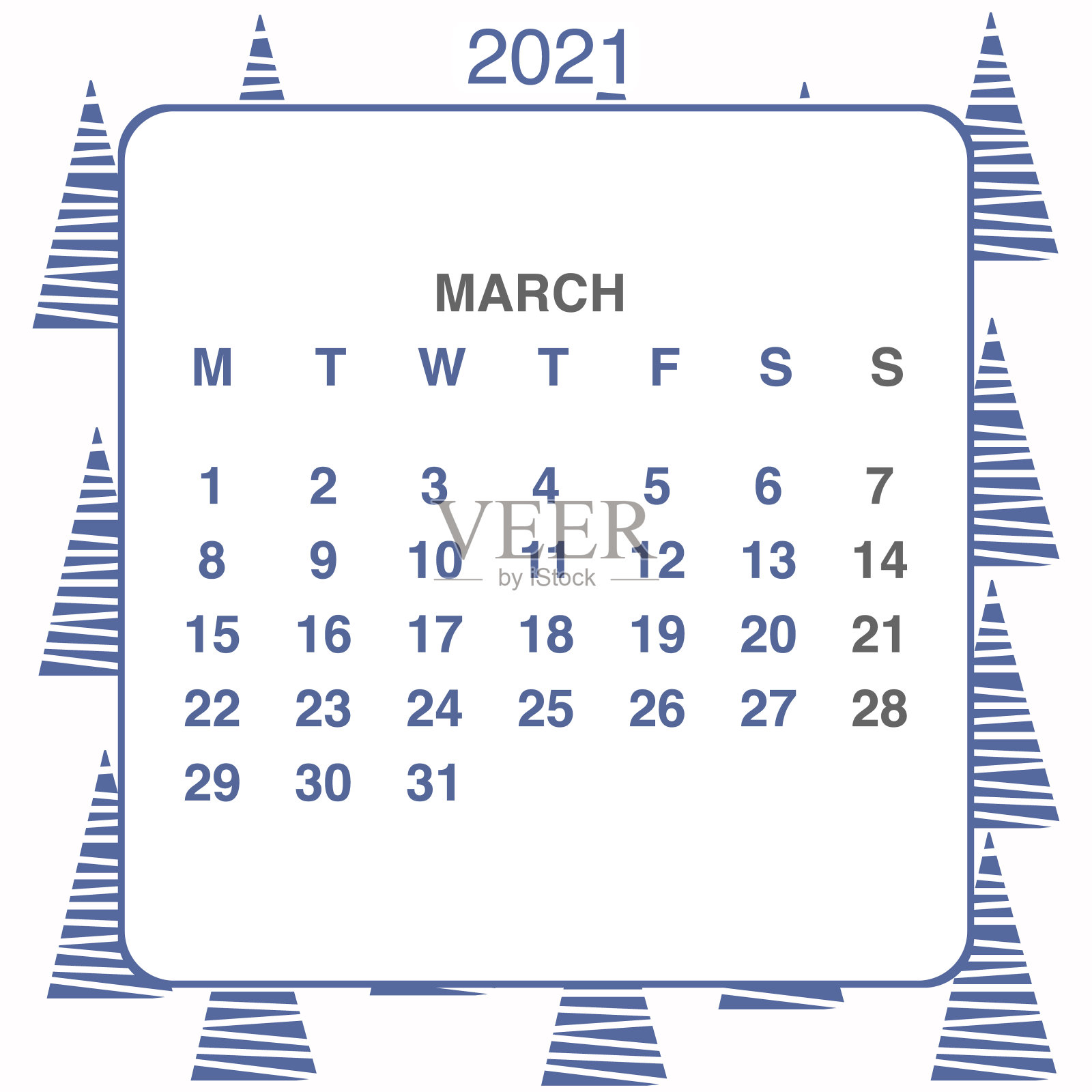 设计日历2021年在时尚的装饰风格。文具计划模板。矢量插图。下周一开始。一套12个月。蓝白两色插画图片素材