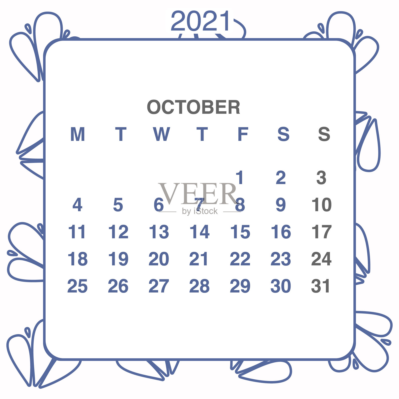 设计日历2021年在时尚的装饰风格。文具计划模板。矢量插图。下周一开始。一套12个月。蓝白两色设计模板素材