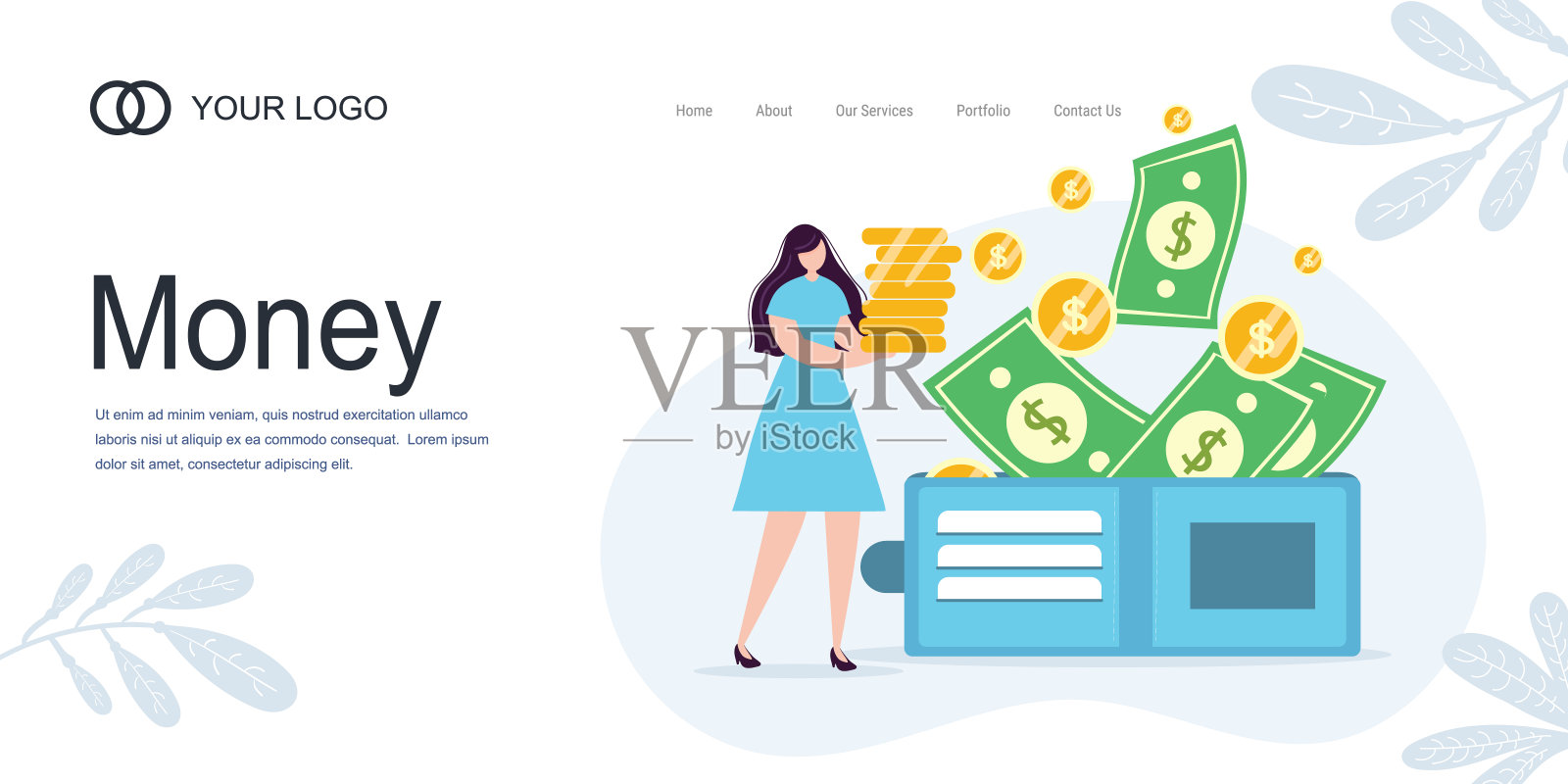 女孩女孩拿着硬币。储蓄和投资。金融、投资。女人拿钱。为Jar Making Saving，存款网页横幅。卡通平面矢量插图。插画图片素材