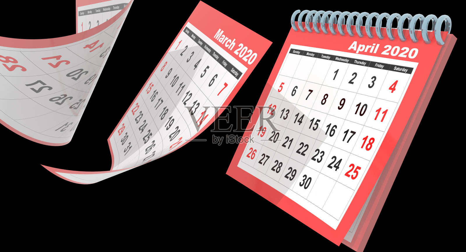 日历2020年4月每月飞行页面孤立红色- 3d渲染照片摄影图片