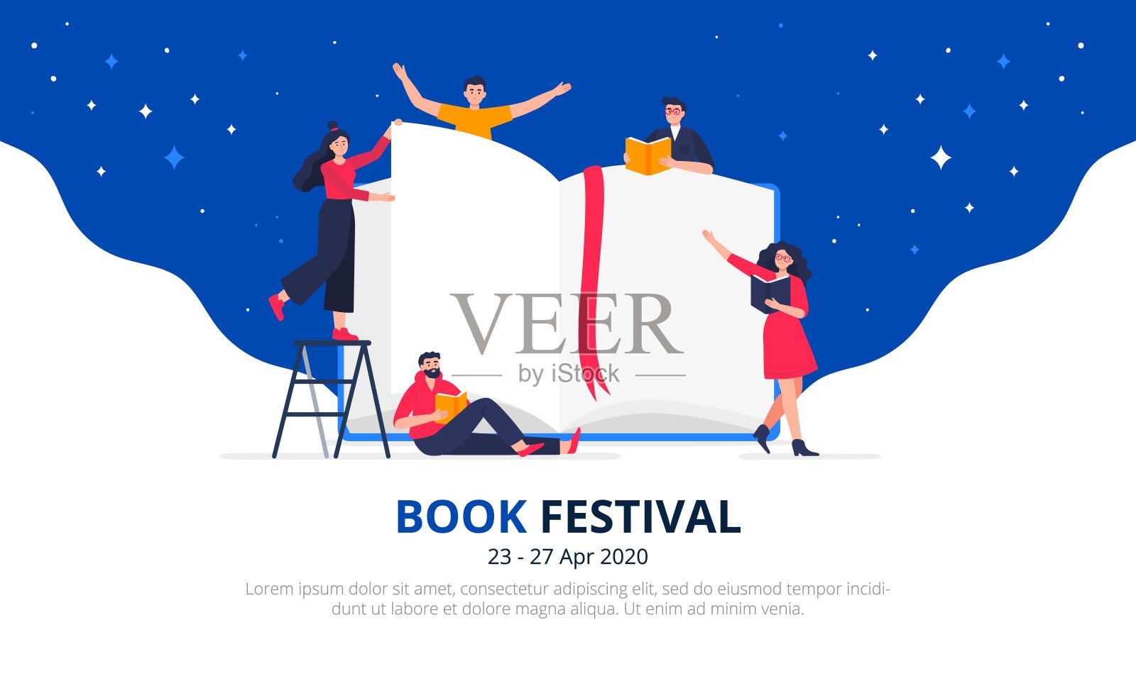 书展的概念。年轻的男女穿着时髦的衣服。人们站在一本打开的大书旁边阅读。插画图片素材