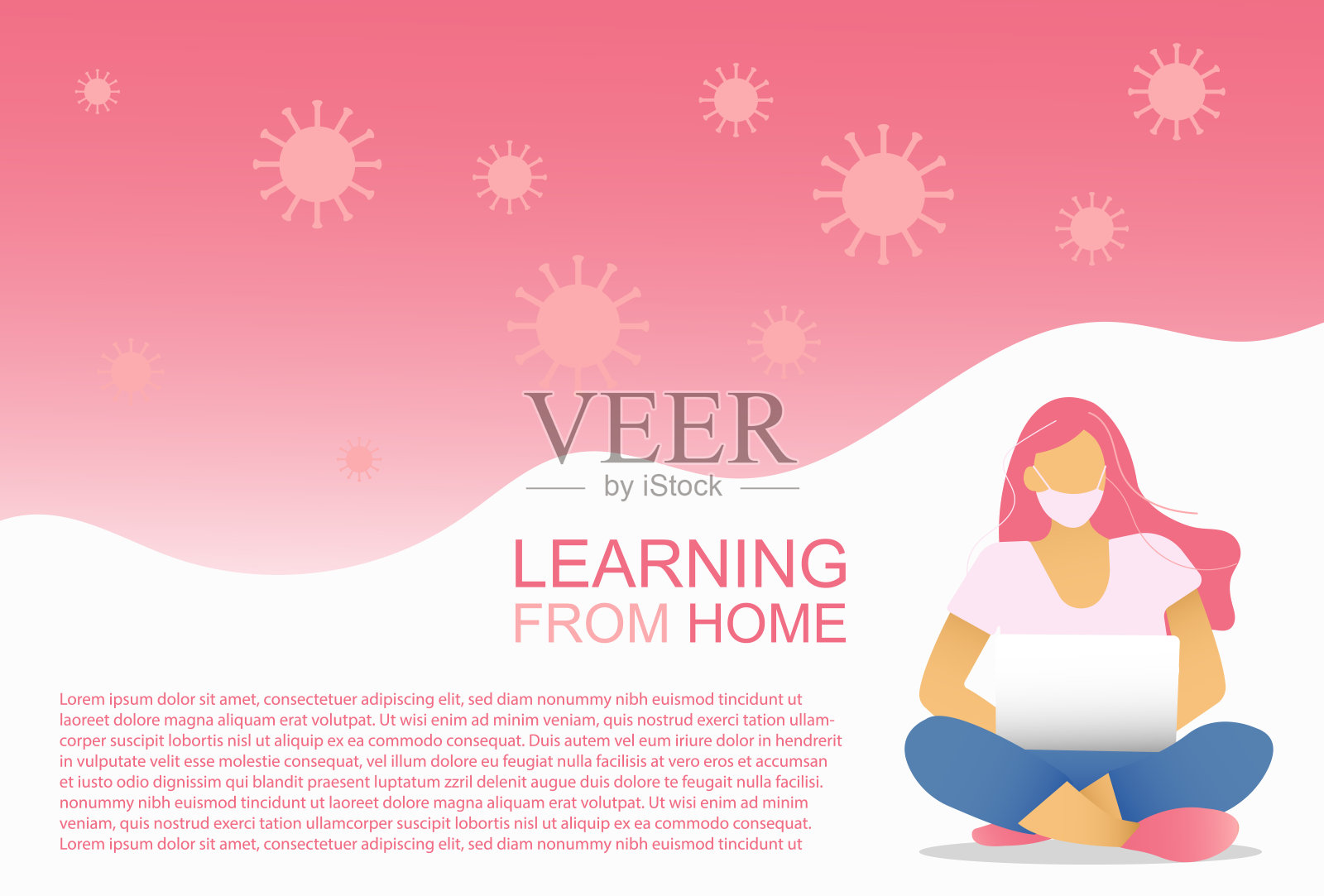 女人带着笔记本电脑和文本空间坐着，在家工作，在家学习，在线教育，矢量图插画图片素材