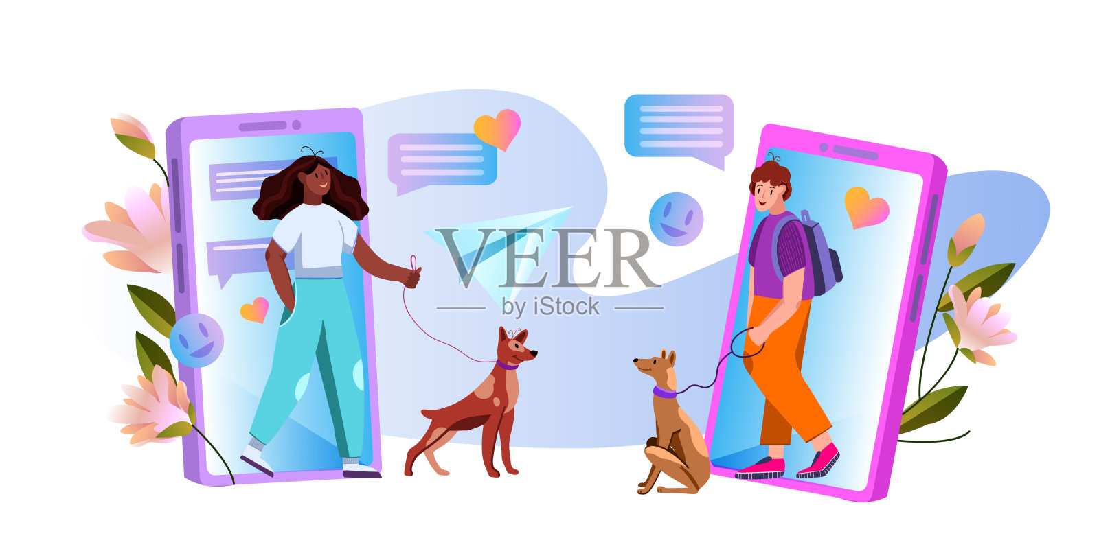 卡通风格的女性和男性角色和他们的宠物。插画图片素材