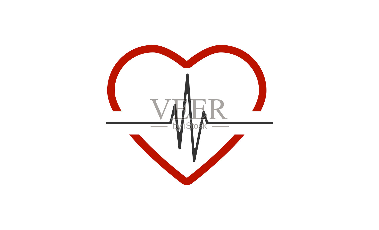 心跳线用心红。心脏跳动线黑色图标与红色心脏在线性设计，孤立在白色背景。脉冲描记在现代平面风格。向量插画图片素材