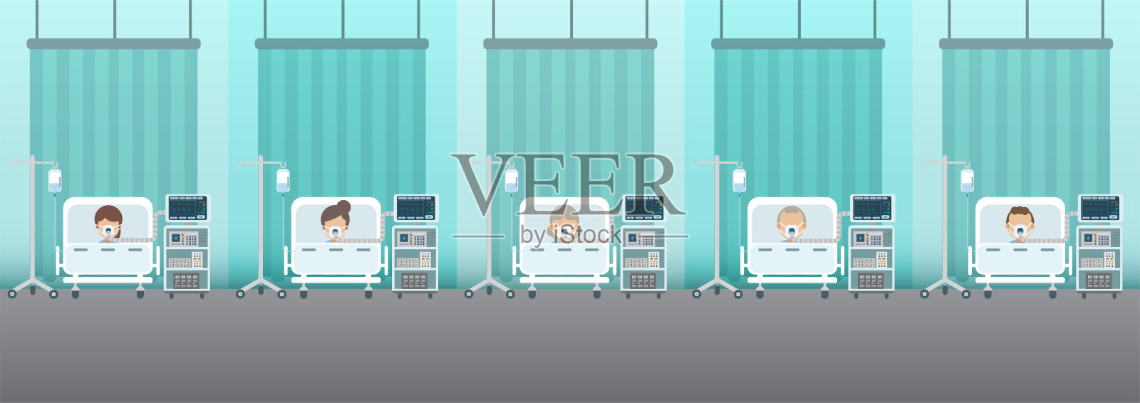 一组有呼吸机的病人插画图片素材