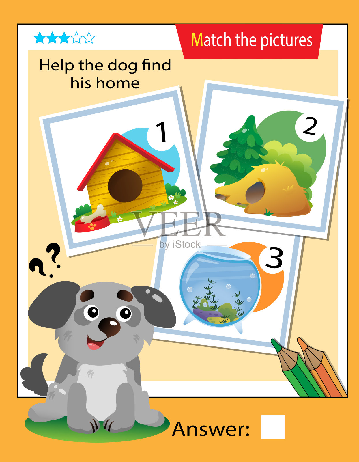 配对游戏，儿童教育游戏。对孩子的难题。匹配正确的对象。帮助狗找到它的家。插画图片素材