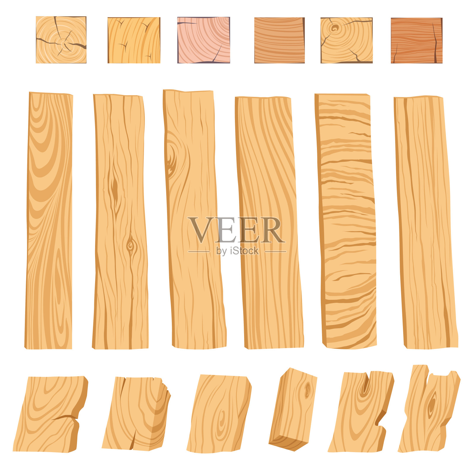 一组有纹理的木板，酒吧和部分树的图标。插画图片素材