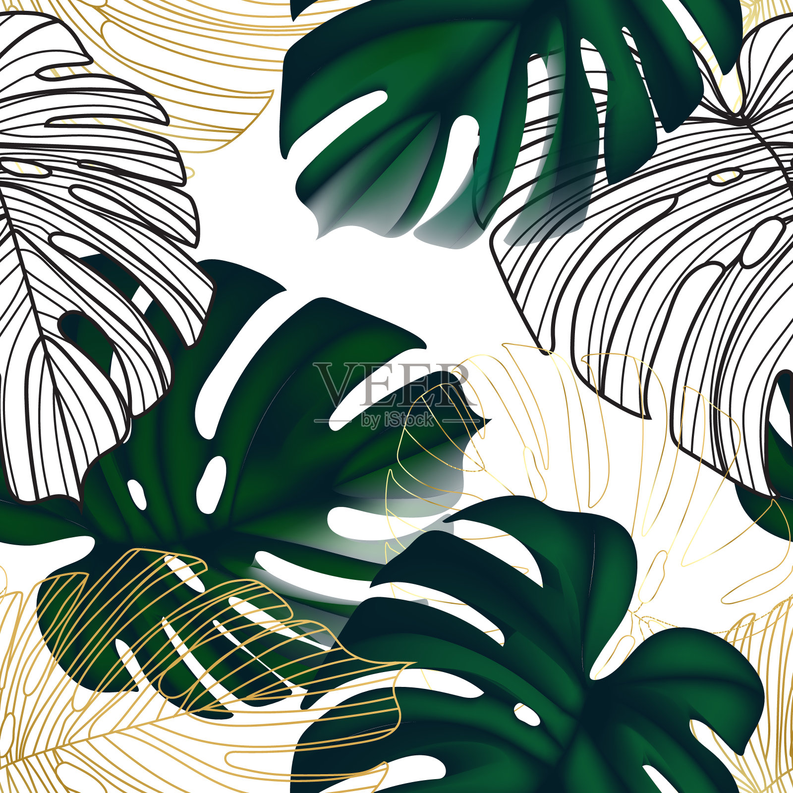 绿叶怪兽奇异的叶子用金线艺术无缝图案设计。自然背景，豪华花卉装饰，生态绿叶在矢量平面观插画图片素材