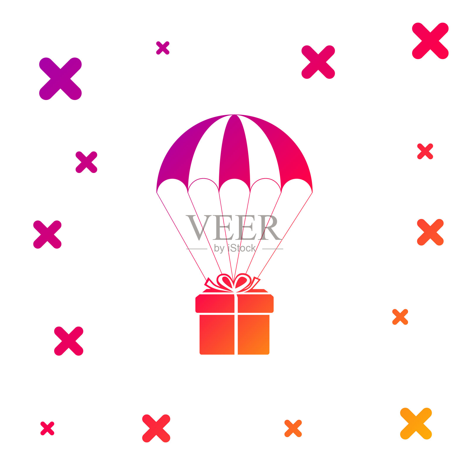 彩色礼盒飞行降落伞图标孤立在白色背景。送货服务，空运概念，奖金概念。梯度随机动态形状。矢量图插画图片素材