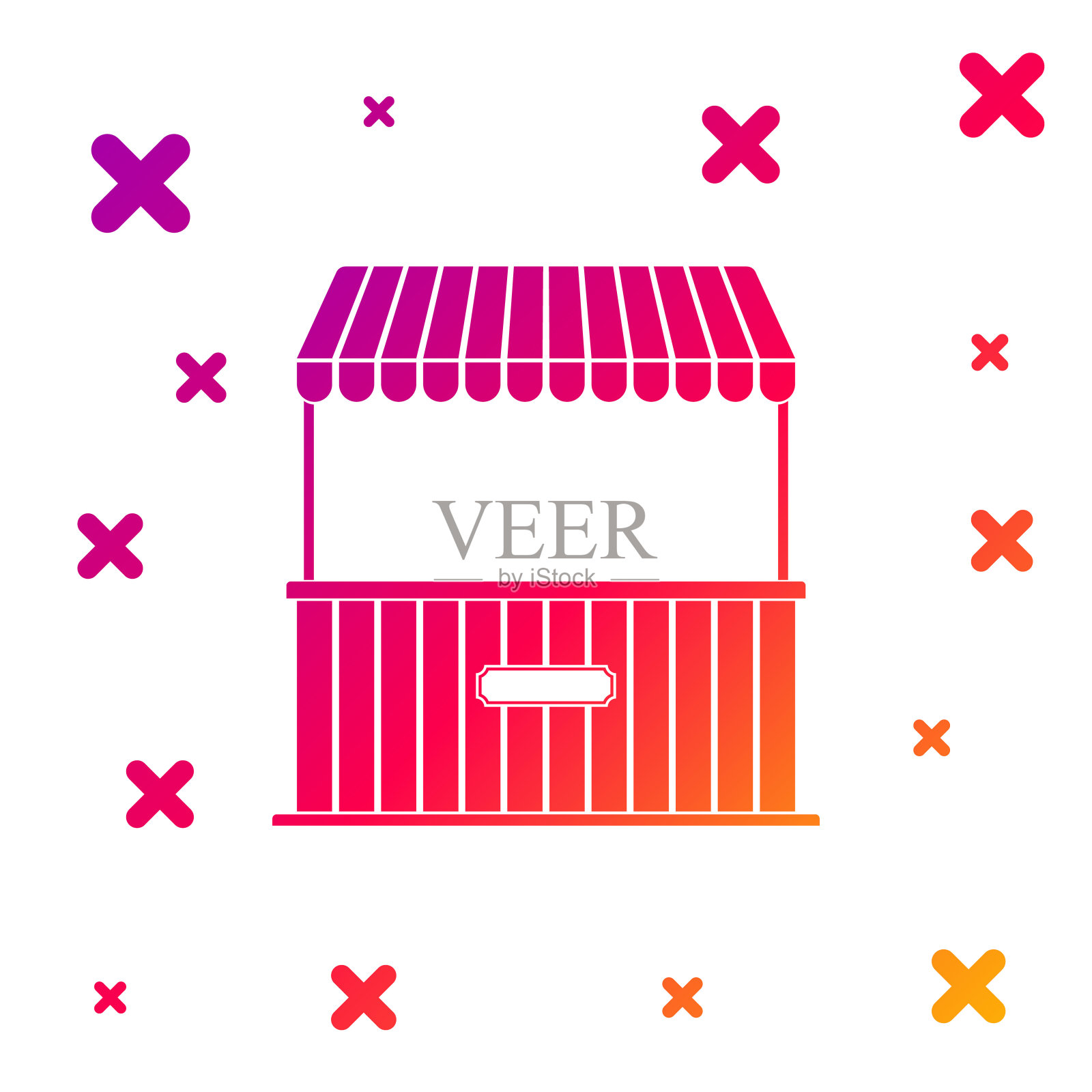 彩色街道摊位与遮阳篷和木架图标孤立在白色背景。有木架子的亭。梯度随机动态形状。矢量图插画图片素材