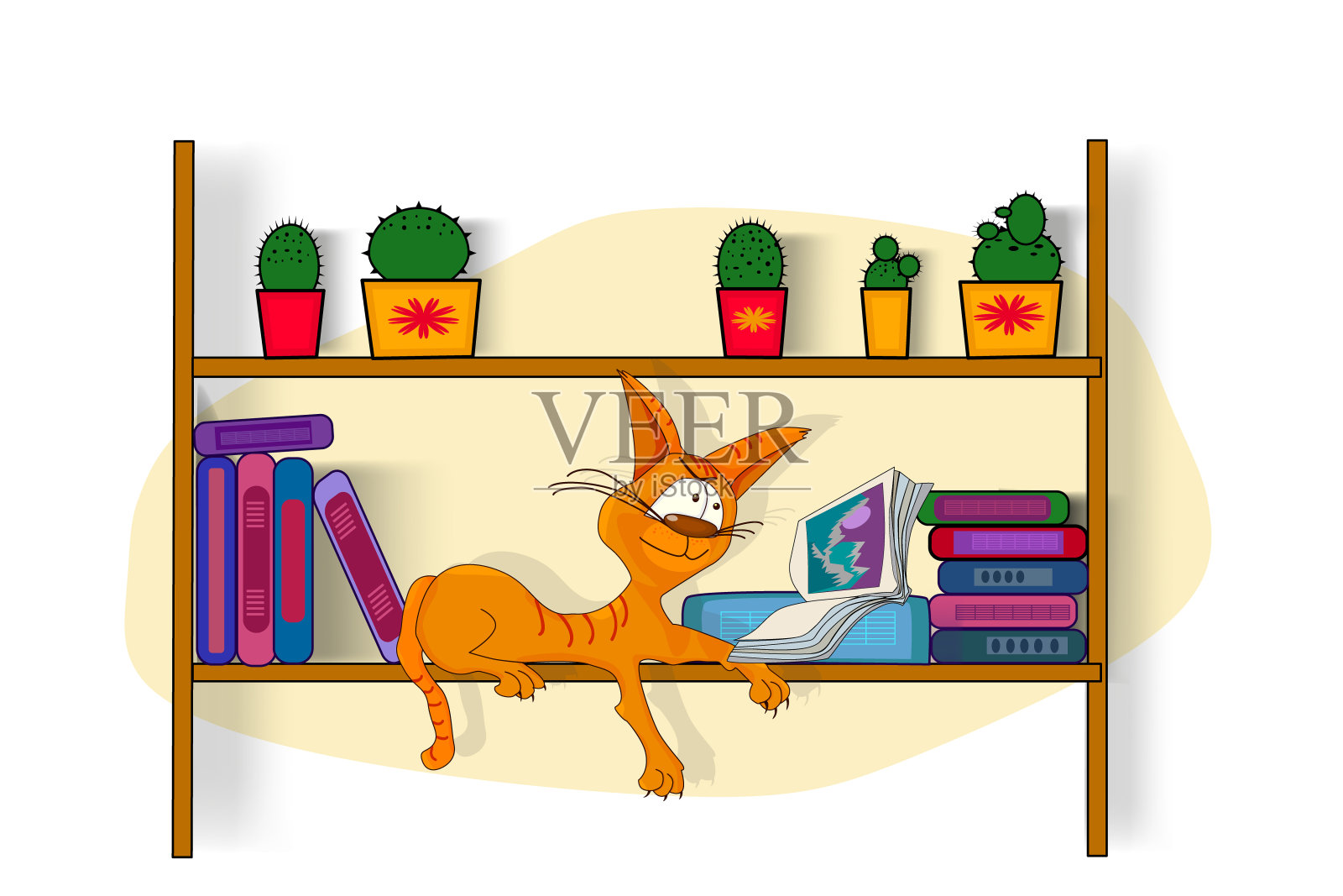 世界书日。书架上装饰着不同颜色的书，书架上有猫。插画图片素材