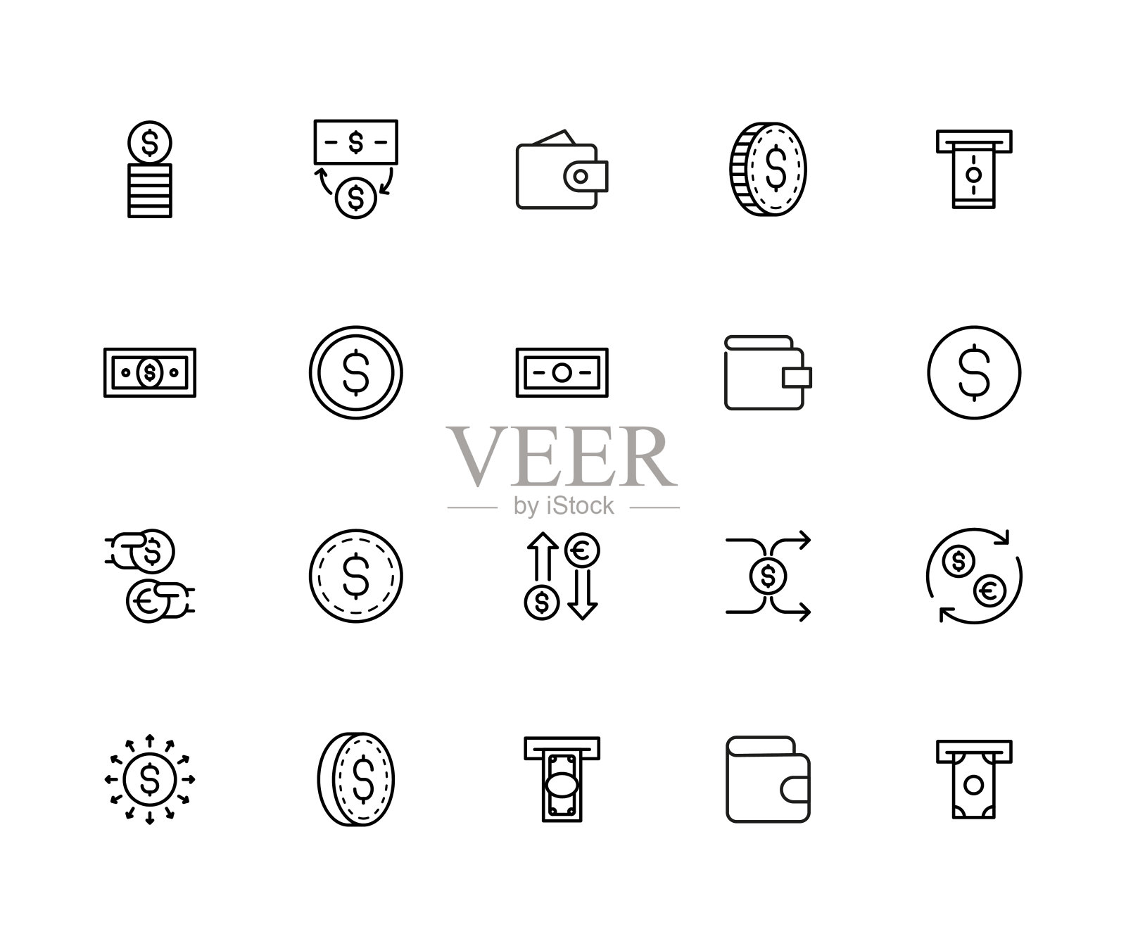 简单的一套美元图标在时尚的路线风格。图标素材