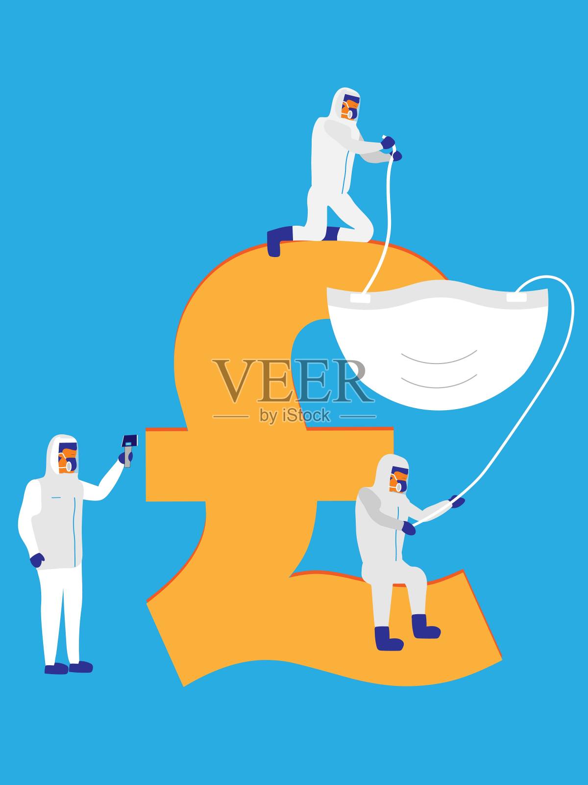 医务人员一起工作，把一个保护口罩戴在磅符号上。插画图片素材