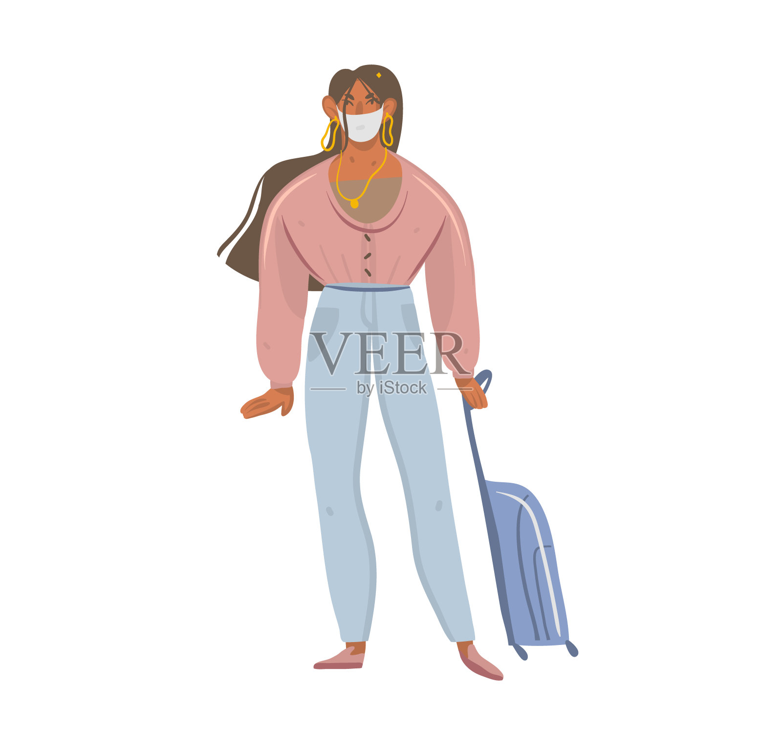 手绘矢量股票抽象图形插图与年轻女性角色的面具与旅行行李孤立在白色的背景设计元素图片